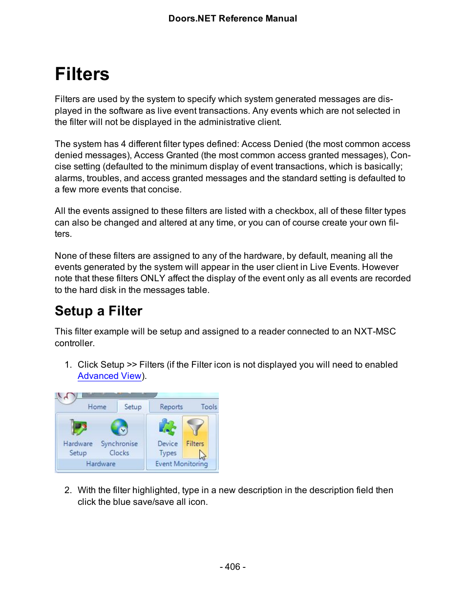 Filters, Setup a filter | Keri Systems Doors.NET Manual User Manual | Page 406 / 602