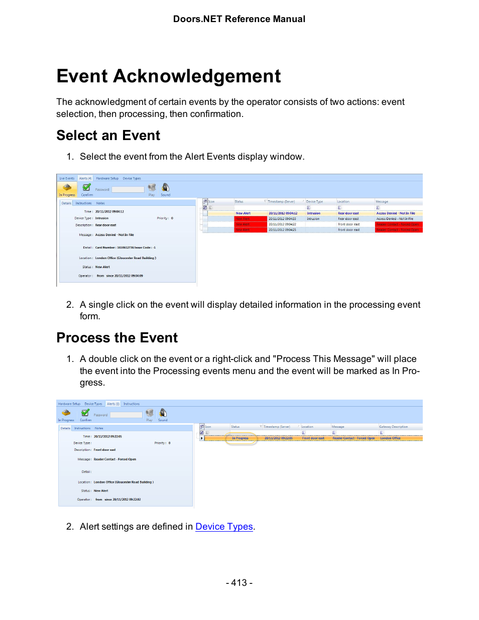 Event acknowledgement, Select an event, Process the event | Keri Systems Doors.NET Manual User Manual | Page 413 / 602