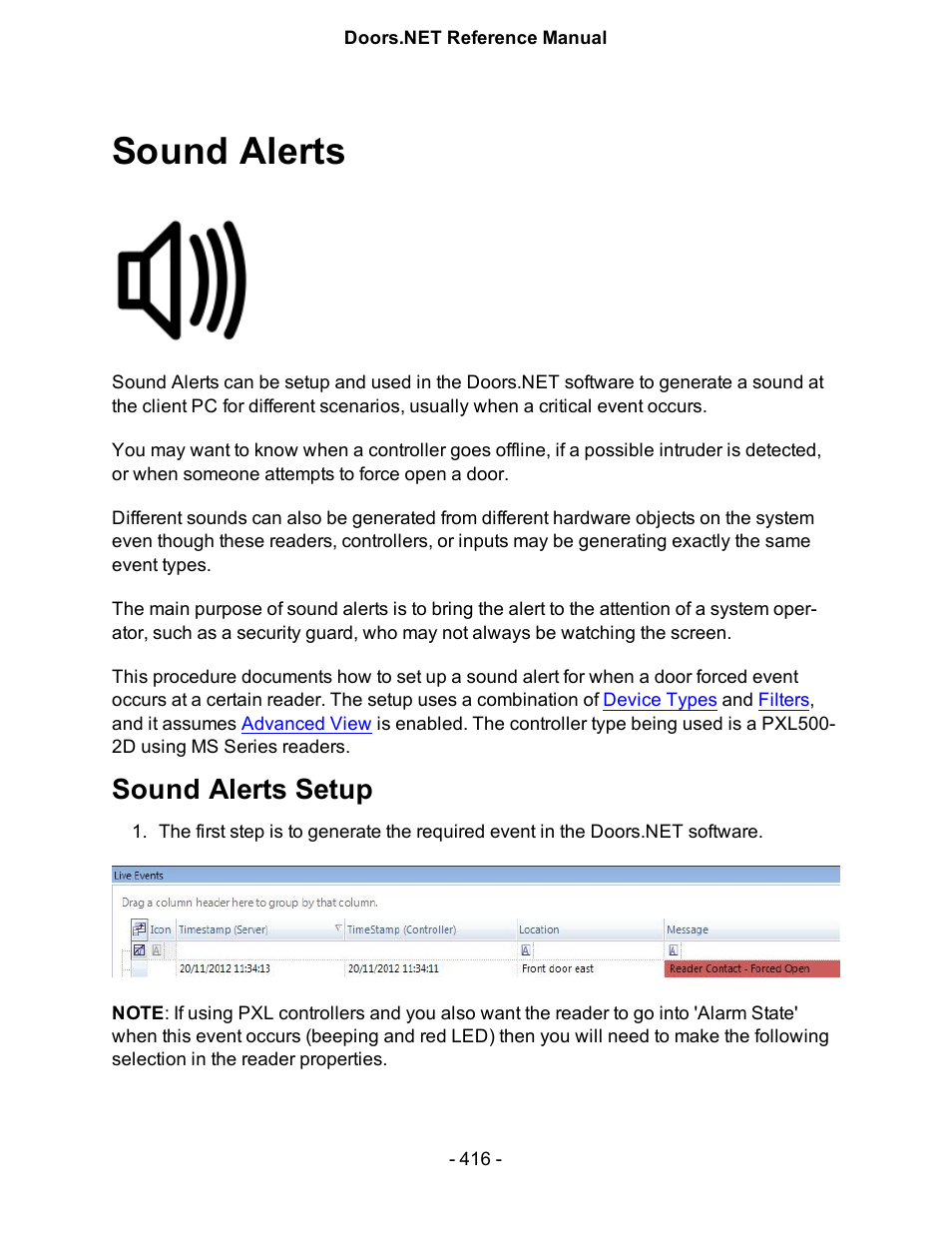 Sound alerts, Sound alerts setup | Keri Systems Doors.NET Manual User Manual | Page 416 / 602
