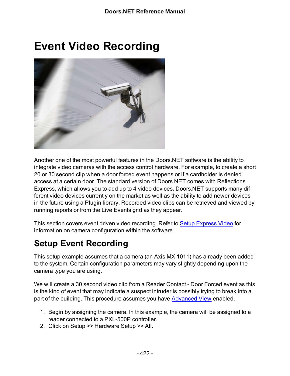 Event video recording, Setup event recording | Keri Systems Doors.NET Manual User Manual | Page 422 / 602