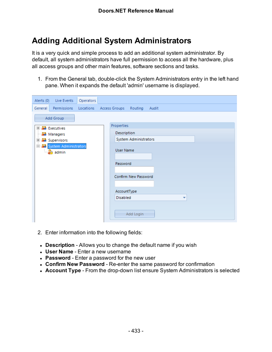 Adding additional system administrators | Keri Systems Doors.NET Manual User Manual | Page 433 / 602