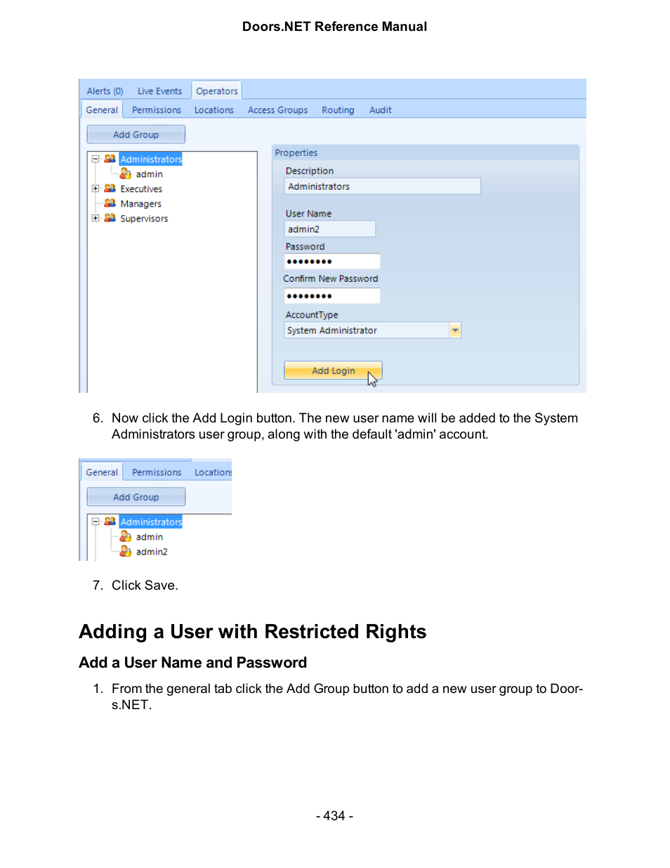 Adding a user with restricted rights, Add a user name and password | Keri Systems Doors.NET Manual User Manual | Page 434 / 602