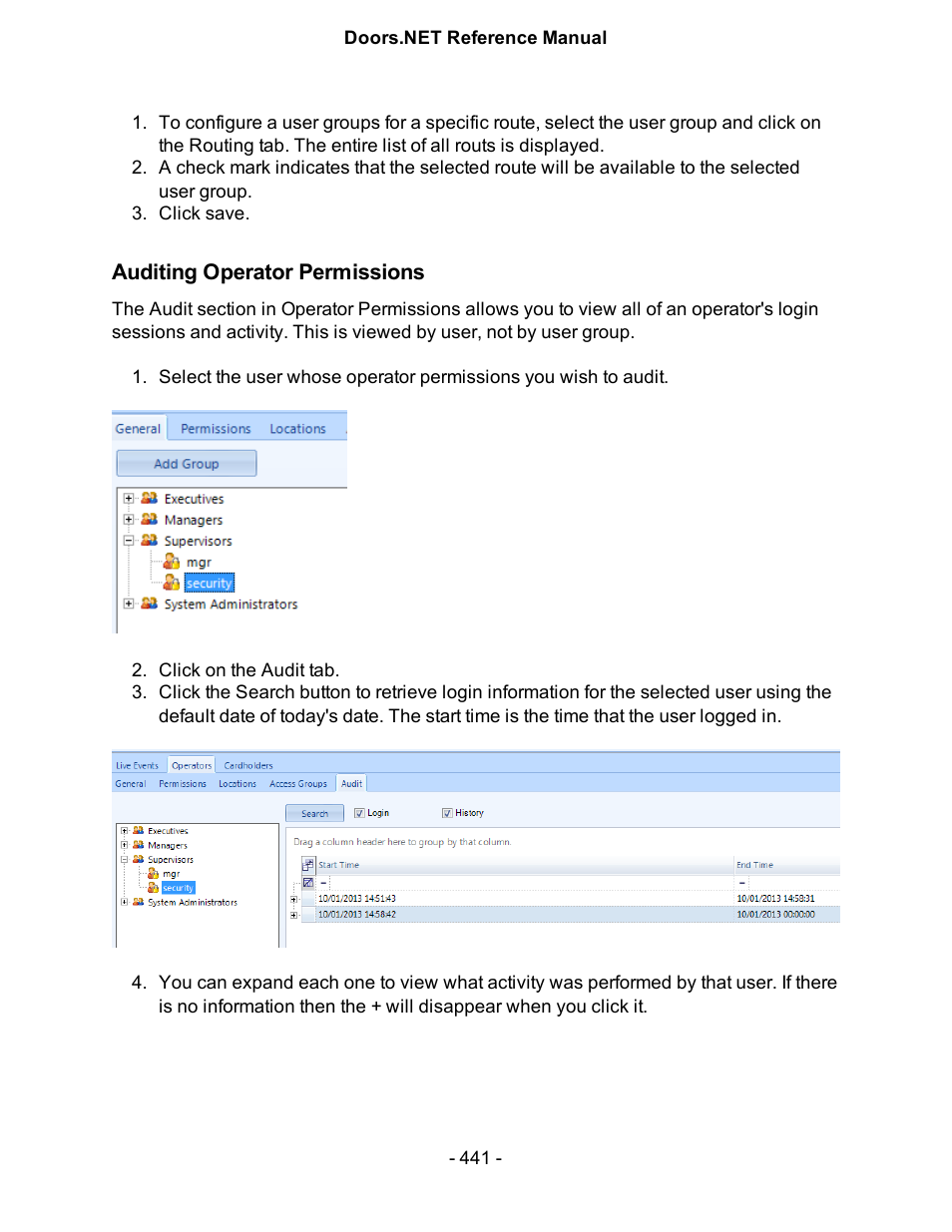 Auditing operator permissions | Keri Systems Doors.NET Manual User Manual | Page 441 / 602