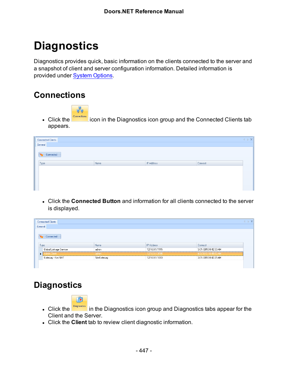 Diagnostics, Connections, Diagnostic tasks | Keri Systems Doors.NET Manual User Manual | Page 447 / 602