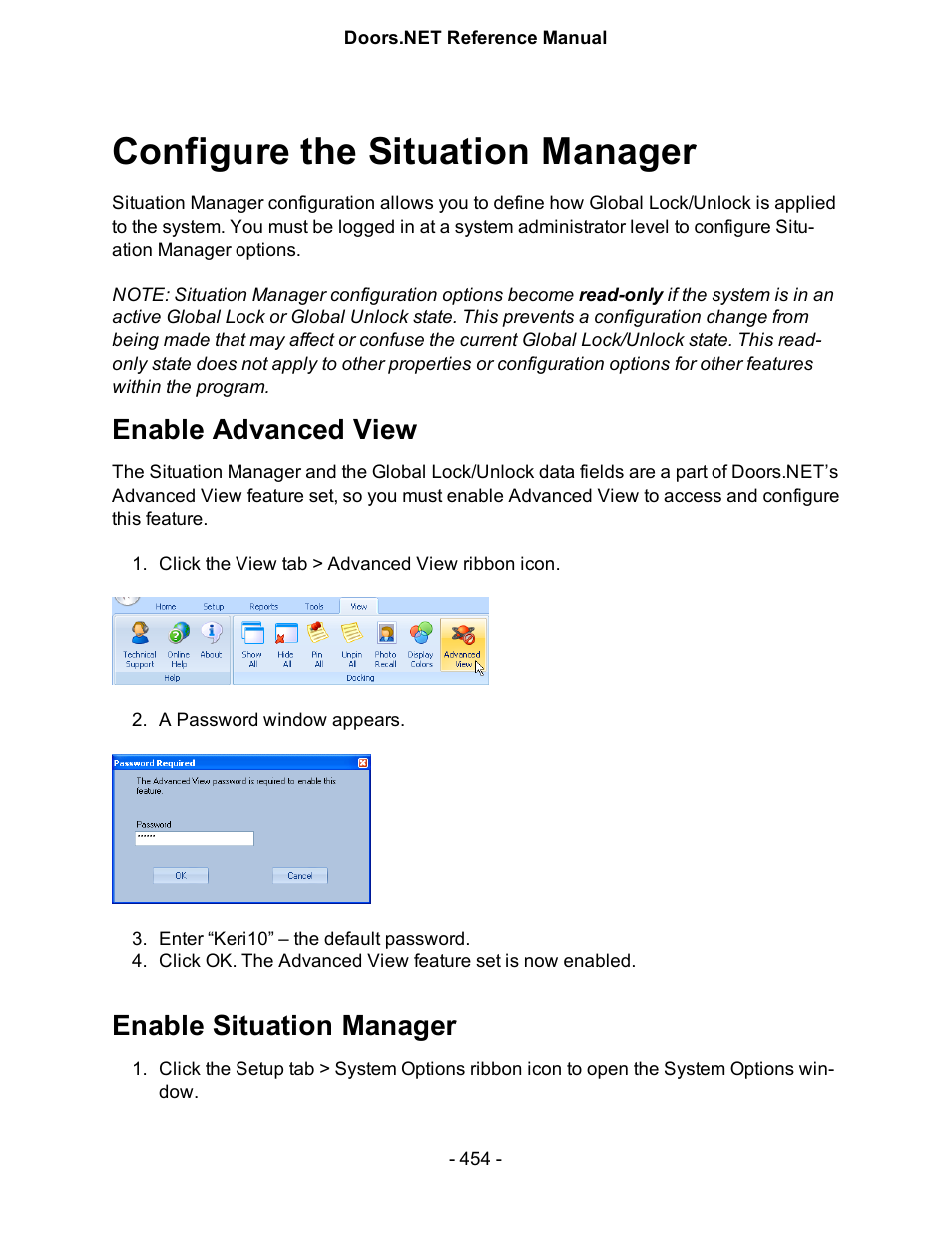 Configure the situation manager, Enable advanced view, Enable situation manager | Keri Systems Doors.NET Manual User Manual | Page 454 / 602