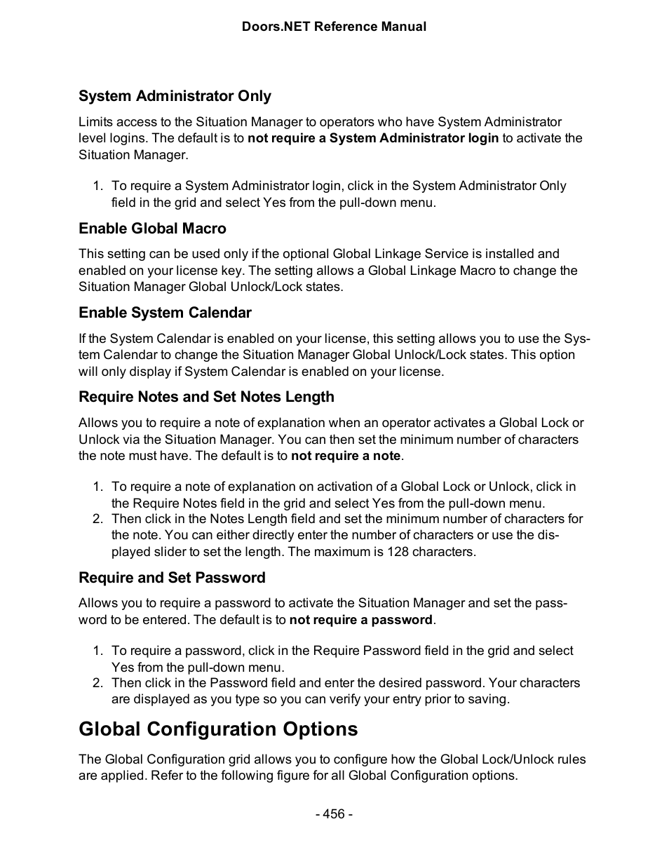 System administrator only, Enable global macro, Enable system calendar | Require notes and set notes length, Require and set password, Global configuration options | Keri Systems Doors.NET Manual User Manual | Page 456 / 602