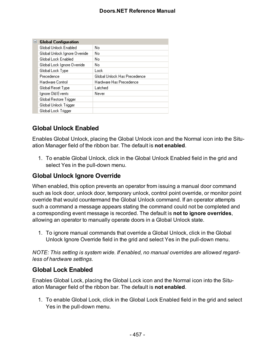 Global unlock enabled, Global unlock ignore override, Global lock enabled | Keri Systems Doors.NET Manual User Manual | Page 457 / 602