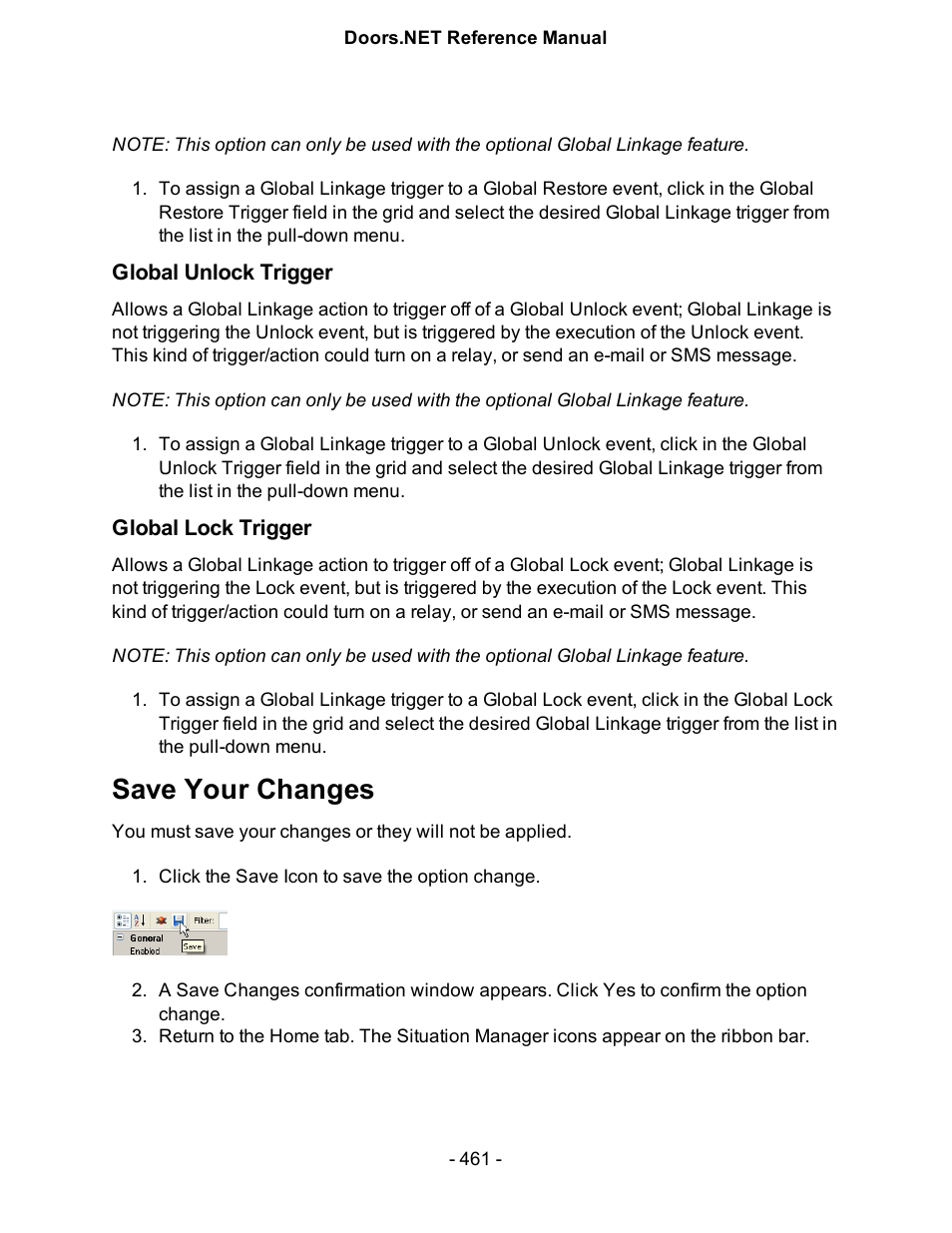 Global unlock trigger, Global lock trigger, Save your changes | Keri Systems Doors.NET Manual User Manual | Page 461 / 602