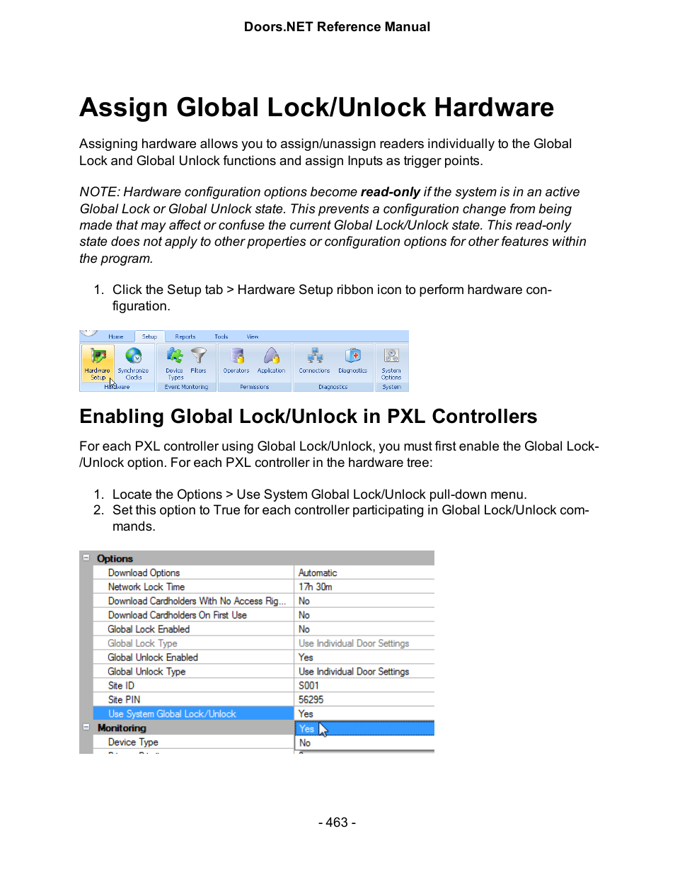 Assign global lock/unlock hardware, Enabling global lock/unlock in pxl controllers | Keri Systems Doors.NET Manual User Manual | Page 463 / 602