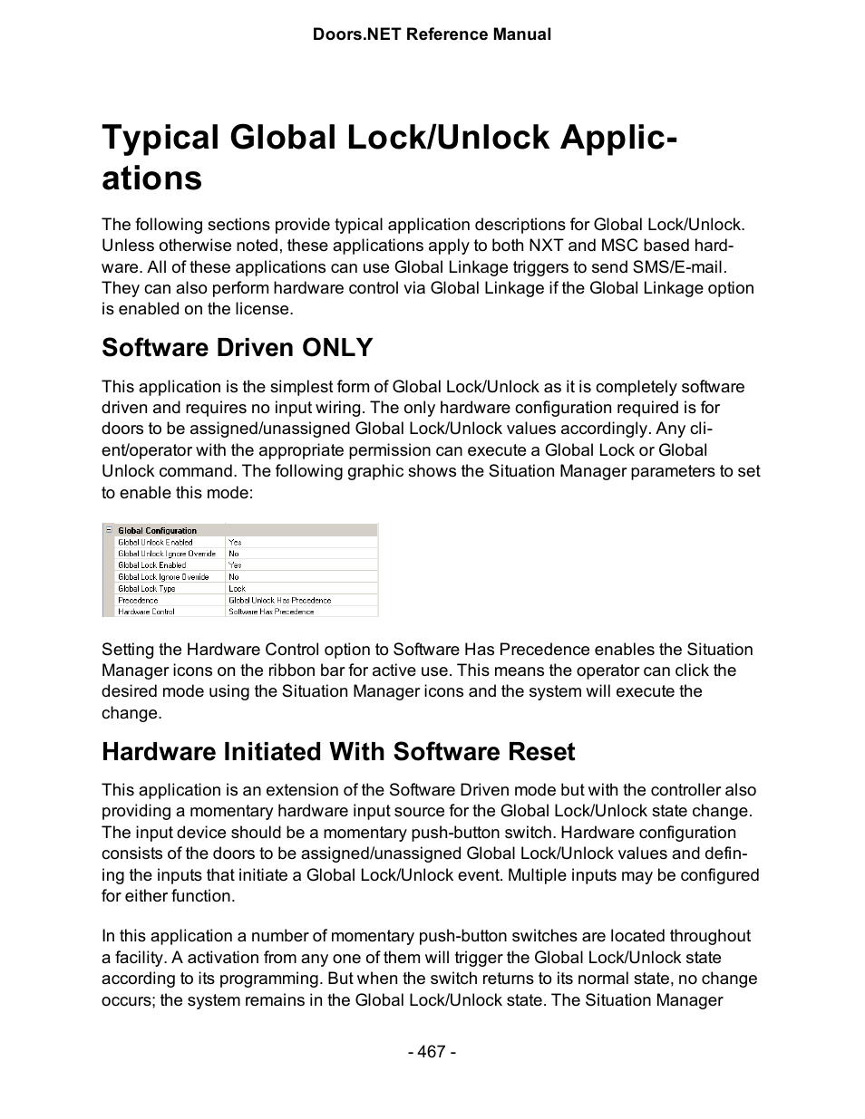 Typical global lock/unlock applications, Software driven only, Hardware initiated with software reset | Typical global lock/unlock applic- ations | Keri Systems Doors.NET Manual User Manual | Page 467 / 602
