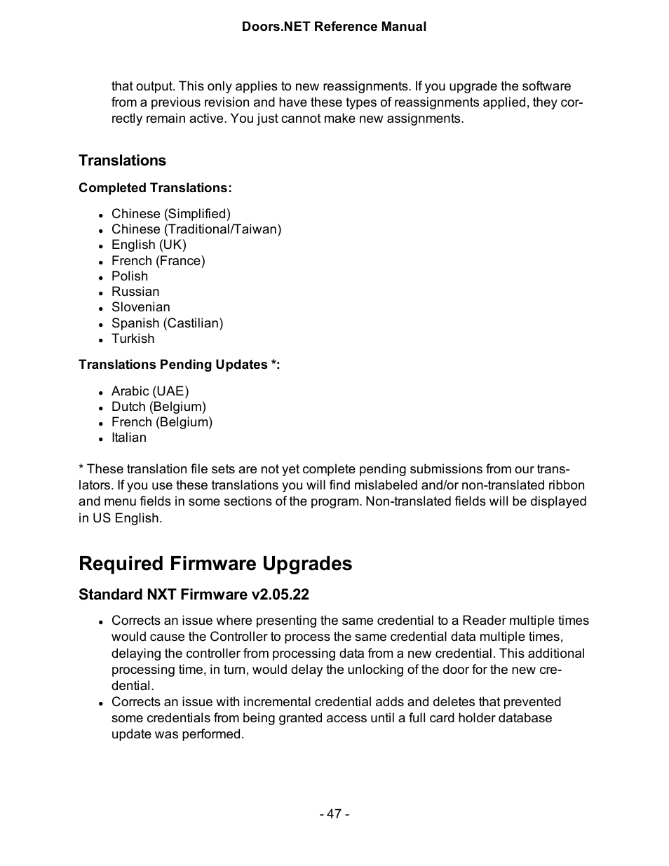 Translations, Completed translations, Translations pending updates | Required firmware upgrades, Standard nxt firmware v2.05.22 | Keri Systems Doors.NET Manual User Manual | Page 47 / 602