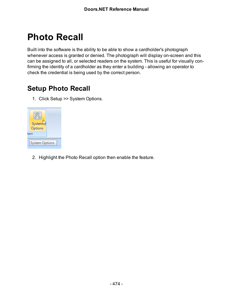 Photo recall, Setup photo recall | Keri Systems Doors.NET Manual User Manual | Page 474 / 602
