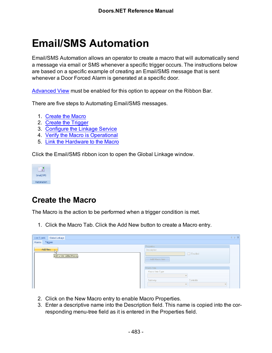 Email/sms automation, Create the macro, Create | Email/sms | Keri Systems Doors.NET Manual User Manual | Page 483 / 602