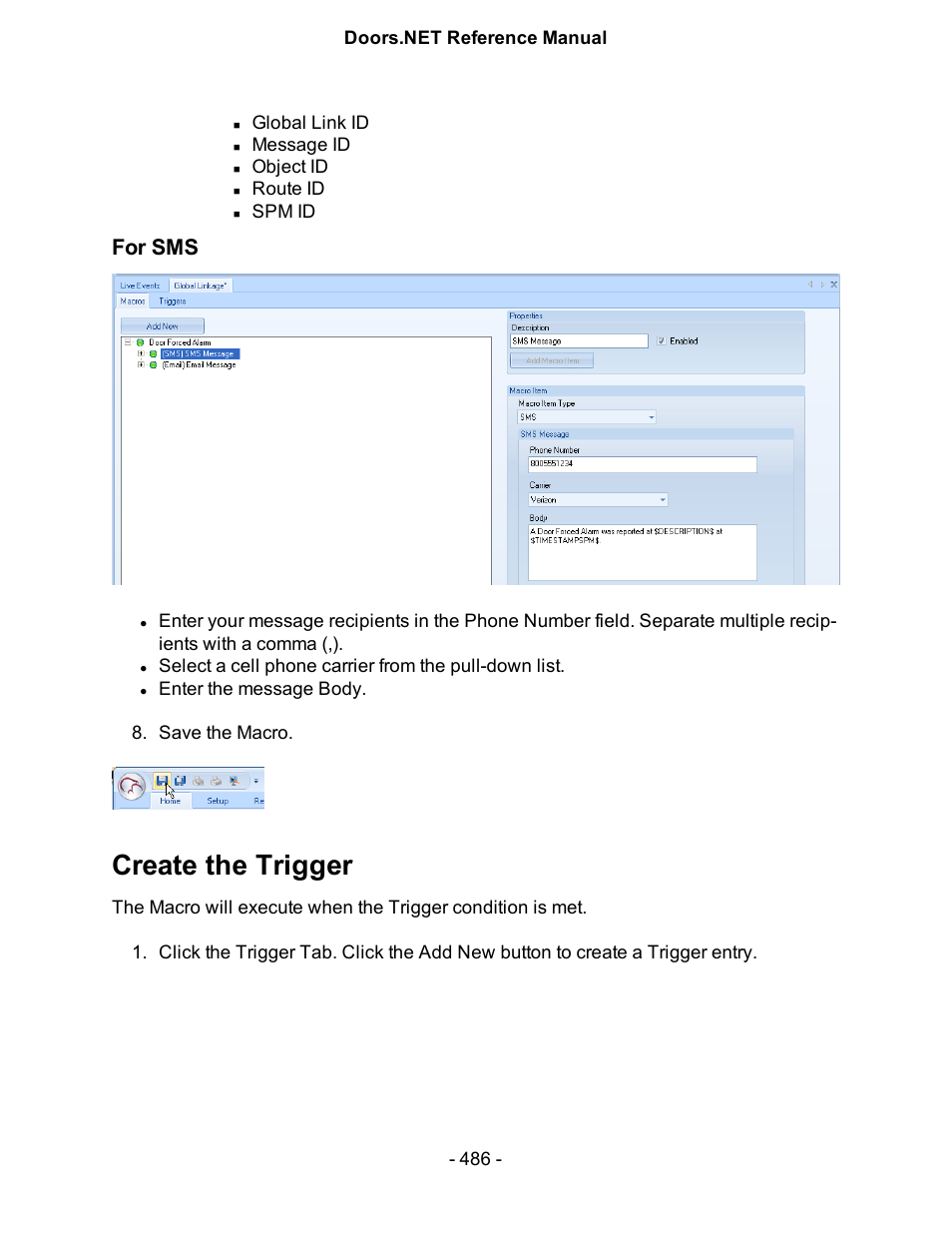For sms, Create the trigger, Create2 | Keri Systems Doors.NET Manual User Manual | Page 486 / 602