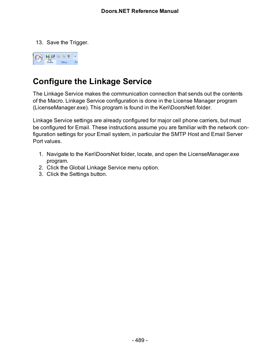Configure the linkage service, Configur | Keri Systems Doors.NET Manual User Manual | Page 489 / 602