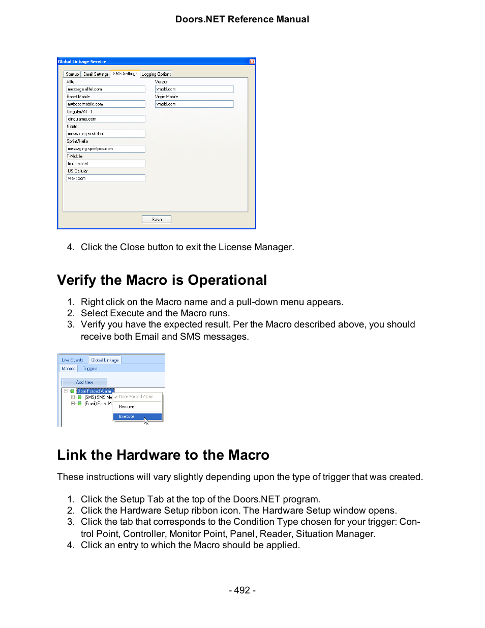 Verify the macro is operational, Link the hardware to the macro, Verify | Link | Keri Systems Doors.NET Manual User Manual | Page 492 / 602