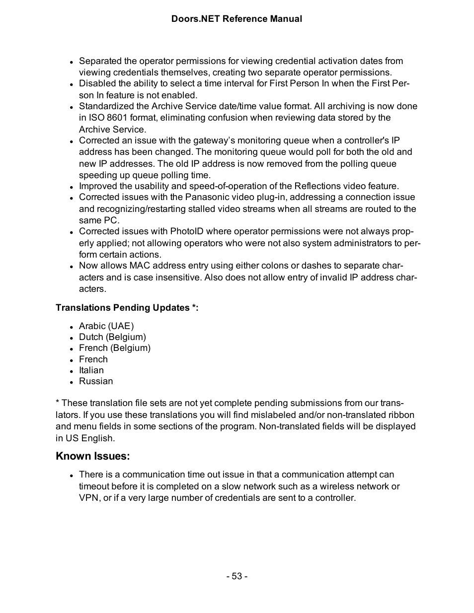 Translations pending updates, Known issues, Arabic (uae) | Dutch (belgium), French (belgium), French, Italian | Keri Systems Doors.NET Manual User Manual | Page 53 / 602
