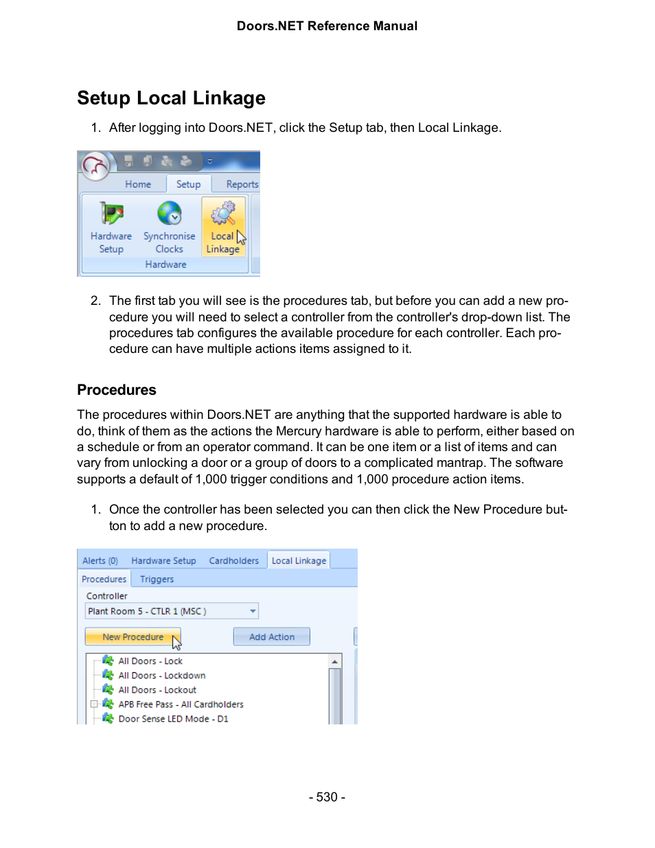 Setup local linkage, Procedures | Keri Systems Doors.NET Manual User Manual | Page 530 / 602