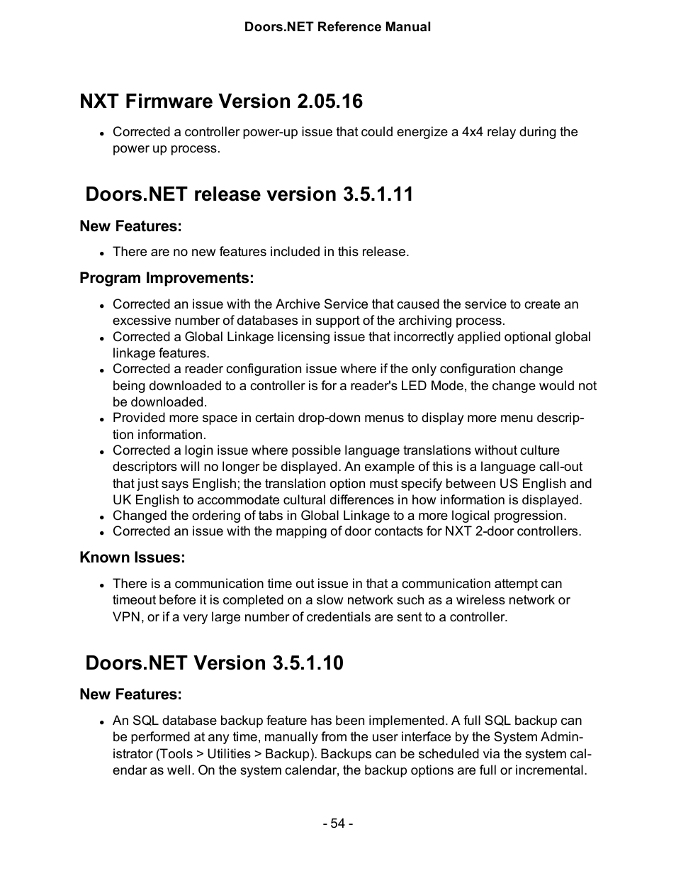 Nxt firmware version 2.05.16, Doors.net release version 3.5.1.11, New features | Program improvements, Known issues, Doors.net version 3.5.1.10, Doors.n5, Doors.n6, V3.5.1.11, V3.5.1.10 | Keri Systems Doors.NET Manual User Manual | Page 54 / 602