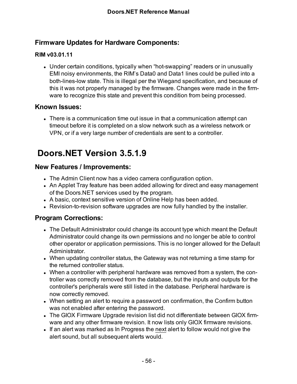 Firmware updates for hardware components, Rim v03.01.11, Known issues | Doors.net version 3.5.1.9, New features / improvements, Program corrections, Doors.n7, V3.5.1.9 | Keri Systems Doors.NET Manual User Manual | Page 56 / 602