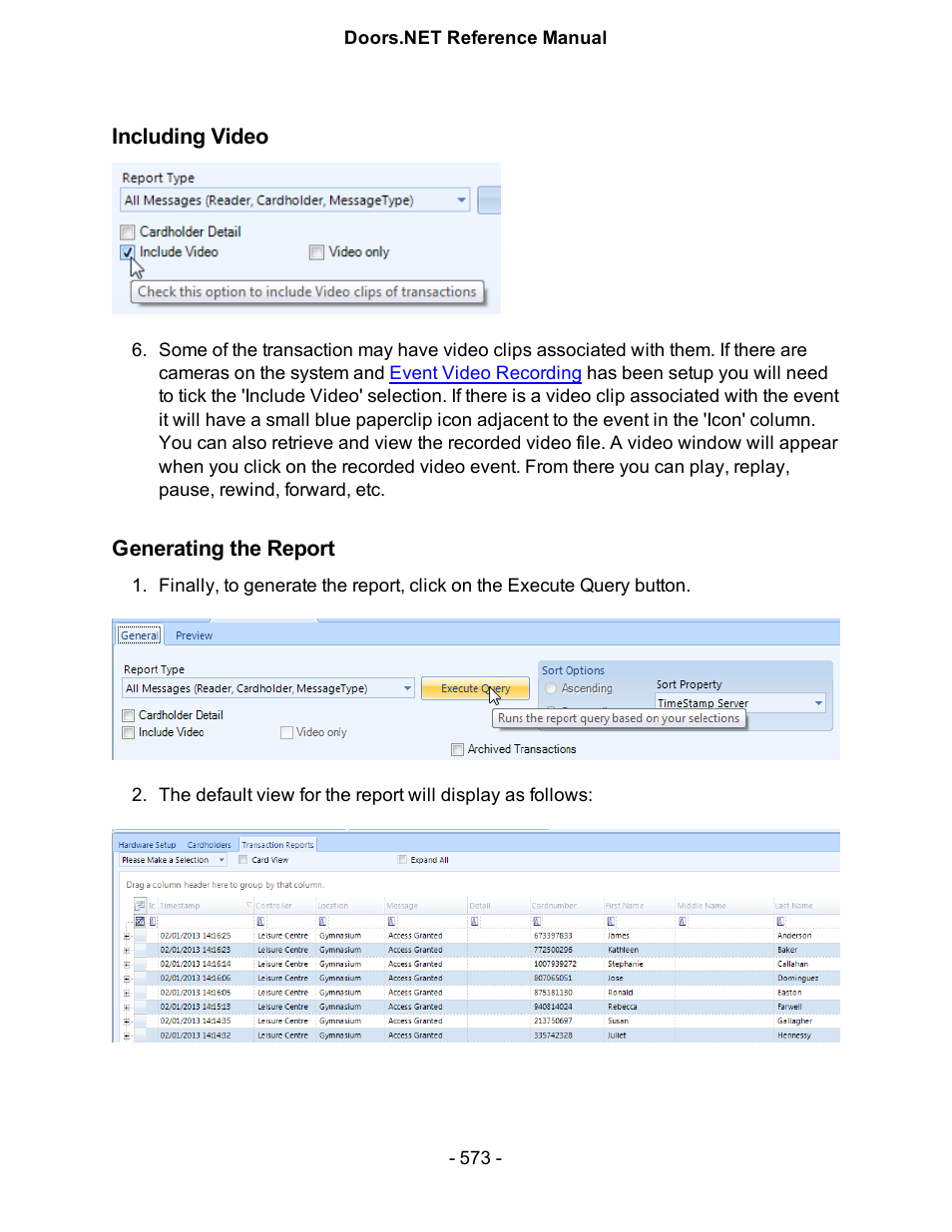 Including video, Generating the report | Keri Systems Doors.NET Manual User Manual | Page 573 / 602