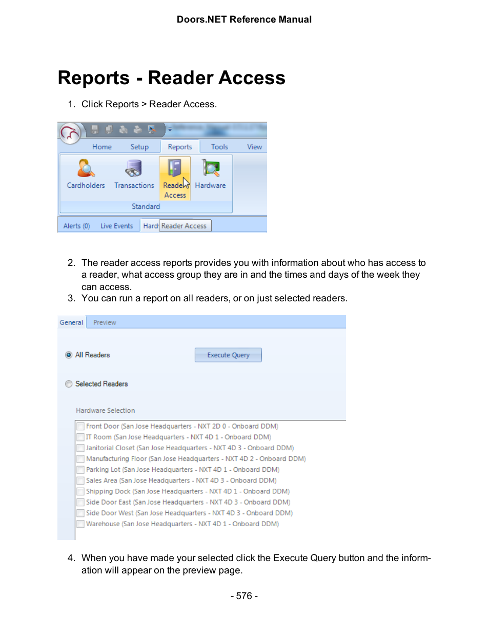 Reports - reader access, Reader access | Keri Systems Doors.NET Manual User Manual | Page 576 / 602