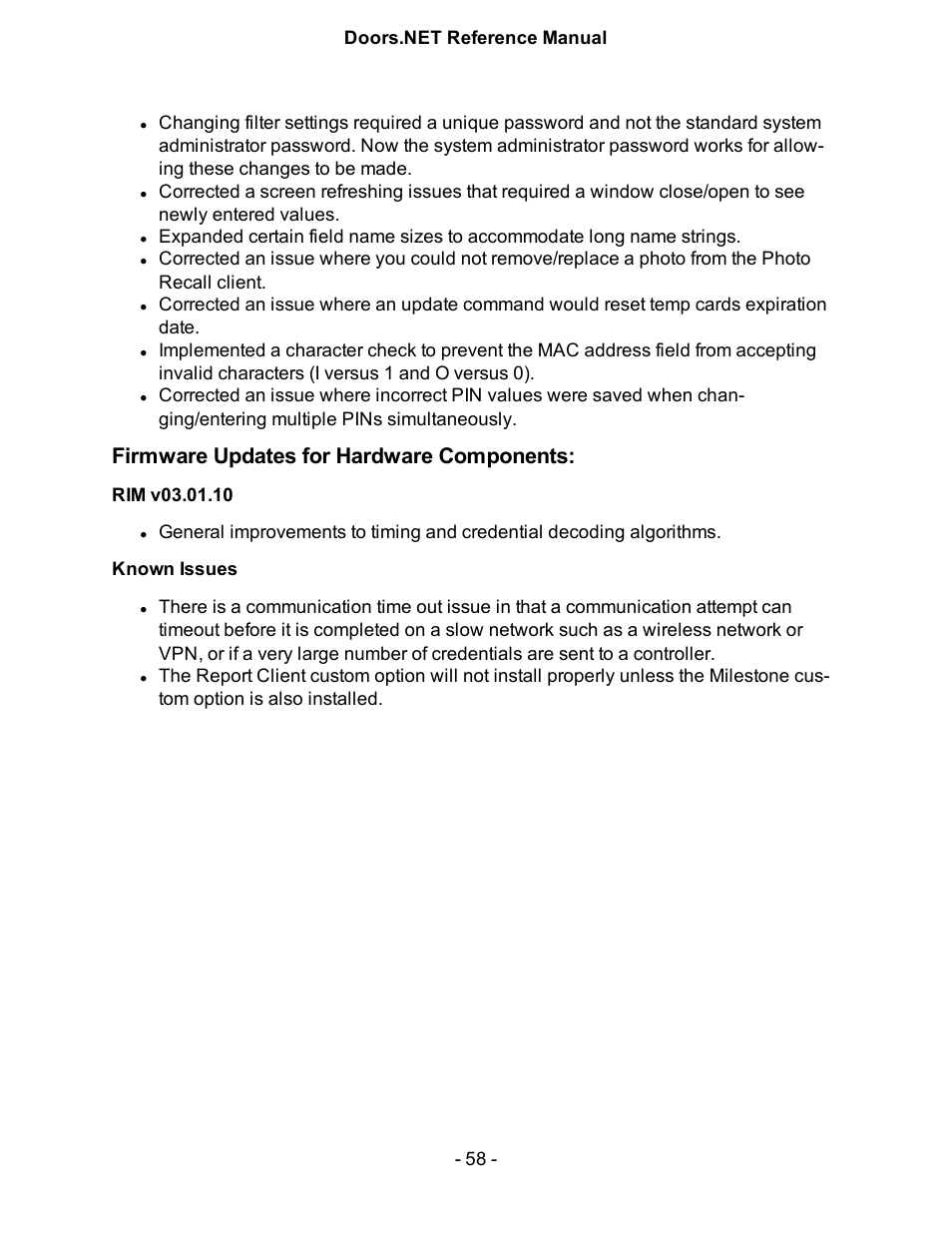Firmware updates for hardware components, Rim v03.01.10, Known issues | Keri Systems Doors.NET Manual User Manual | Page 58 / 602