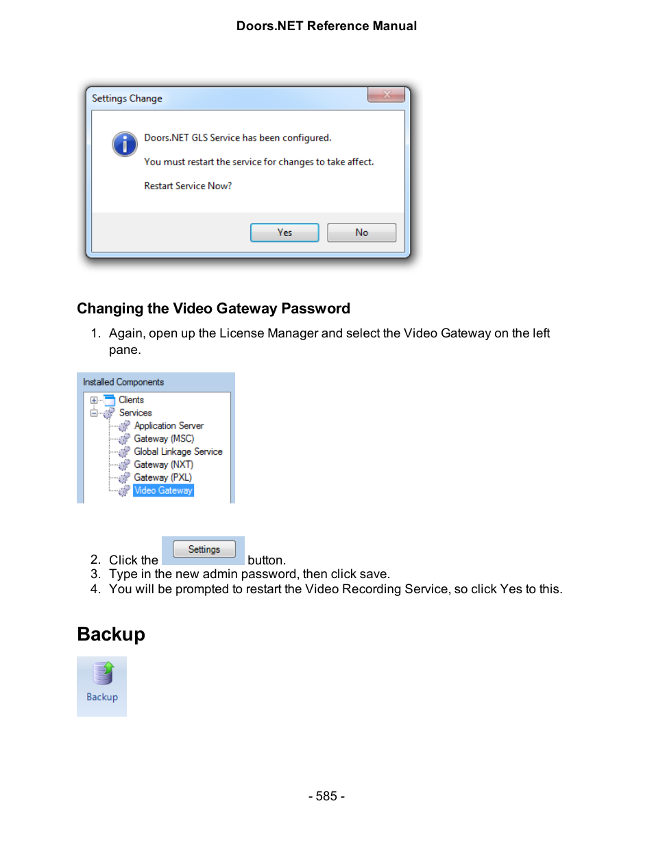 Changing the video gateway password, Backup | Keri Systems Doors.NET Manual User Manual | Page 585 / 602