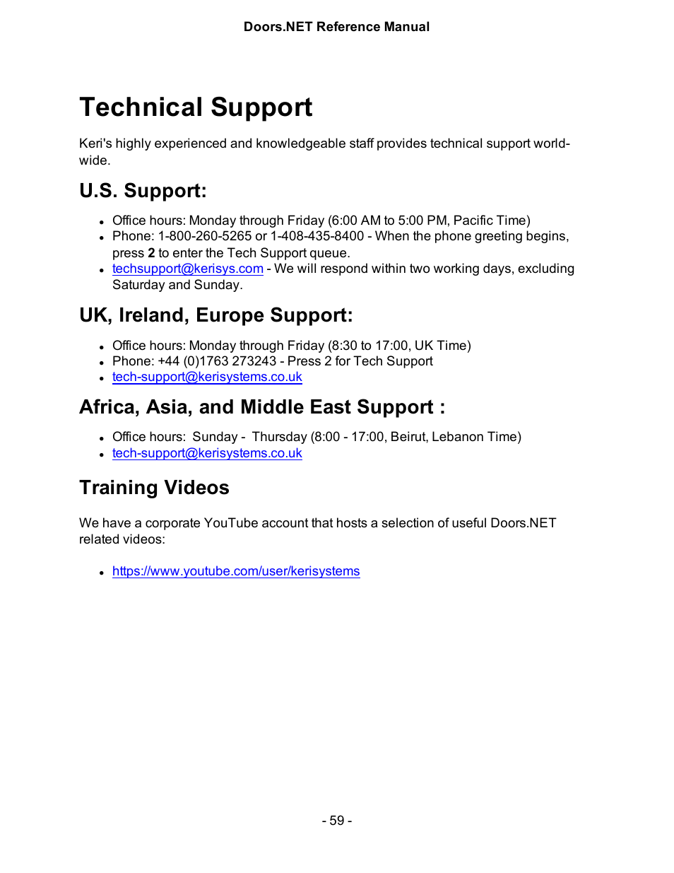 Technical support, U.s. support, Uk, ireland, europe support | Africa, asia, and middle east support, Training videos | Keri Systems Doors.NET Manual User Manual | Page 59 / 602