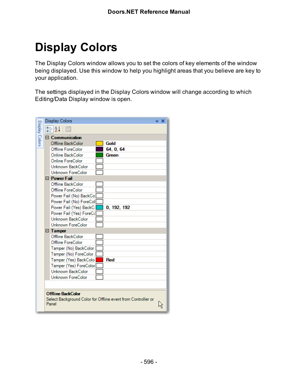Display colors, Define a custom color, Scheme | For windows within the program | Keri Systems Doors.NET Manual User Manual | Page 596 / 602