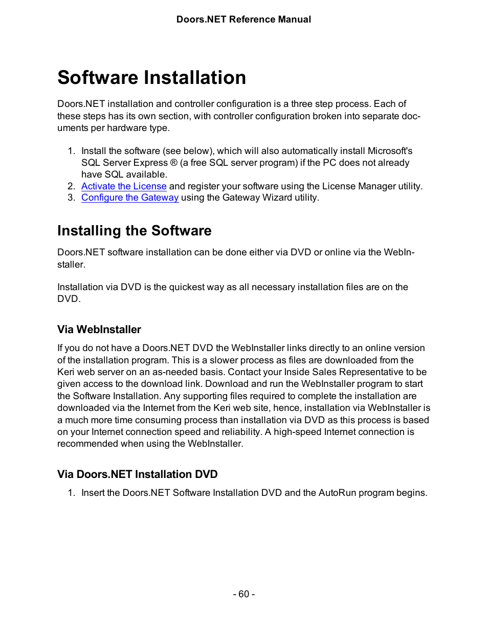 Software installation, Installing the software, Via webinstaller | Via doors.net installation dvd | Keri Systems Doors.NET Manual User Manual | Page 60 / 602