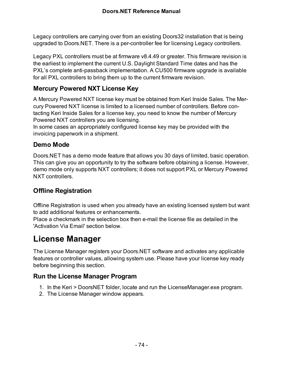 Mercury powered nxt license key, Demo mode, License manager | Run the license manager program | Keri Systems Doors.NET Manual User Manual | Page 74 / 602