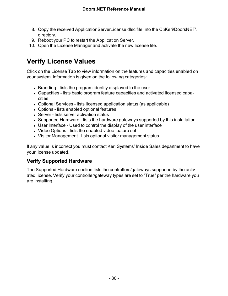 Verify license values, Verify supported hardware | Keri Systems Doors.NET Manual User Manual | Page 80 / 602