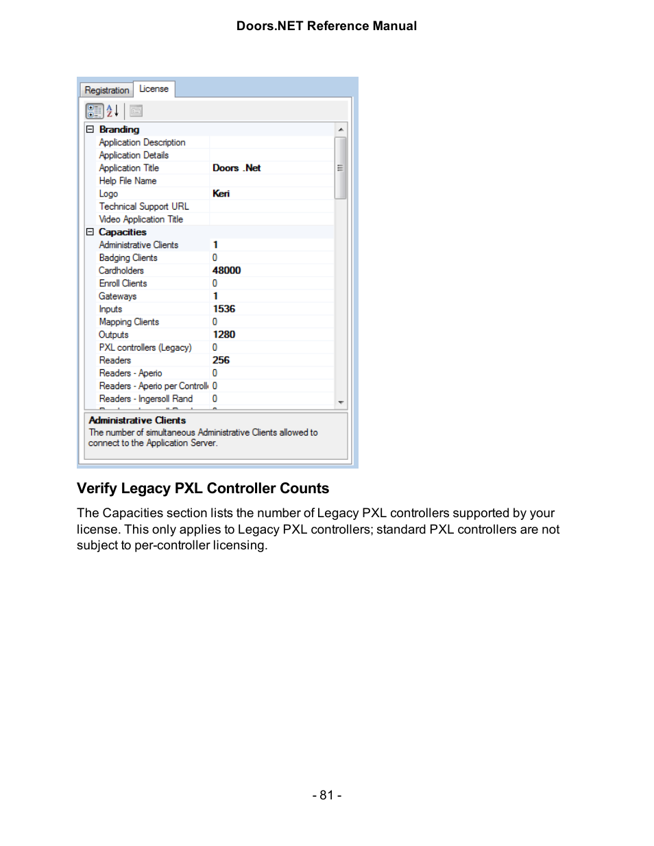 Verify legacy pxl controller counts | Keri Systems Doors.NET Manual User Manual | Page 81 / 602