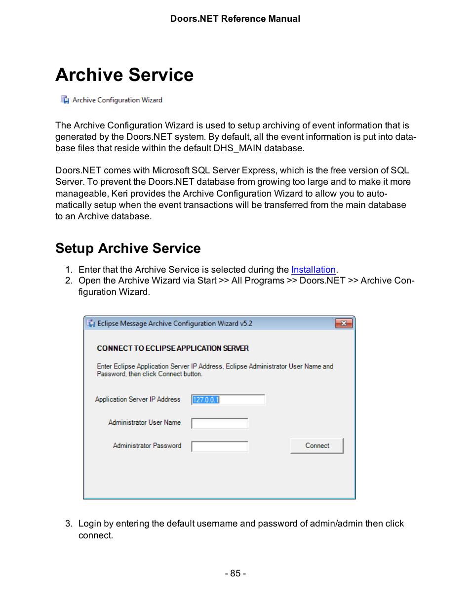 Archive service, Setup archive service, Archive service client | Keri Systems Doors.NET Manual User Manual | Page 85 / 602