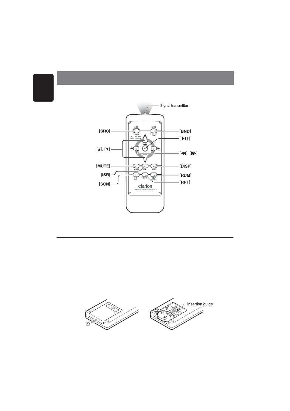 Remote control, Inserting the battery, 8english | Clarion DB356MP User Manual | Page 6 / 17