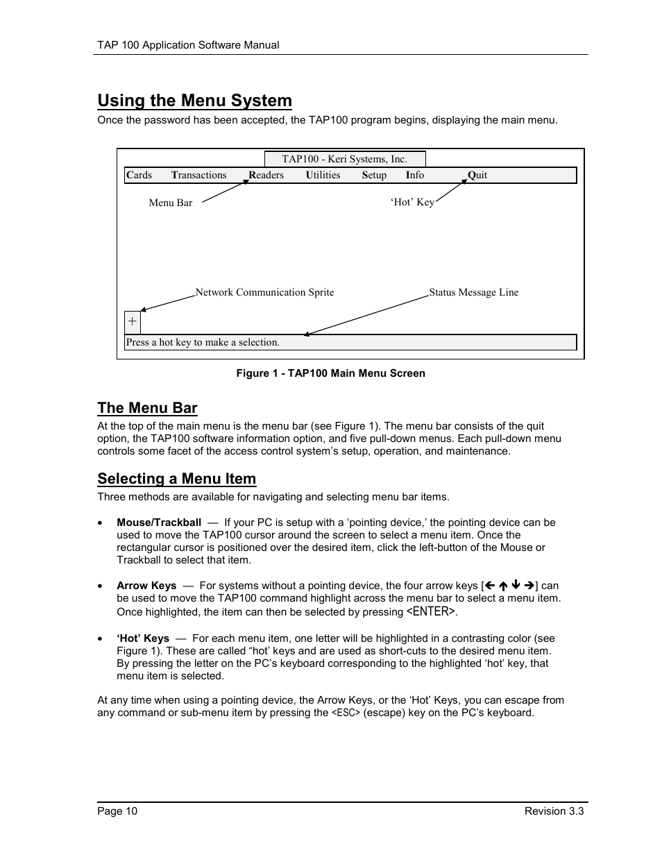 Using the menu system, The menu bar, Selecting a menu item | Figure 1 - tap100 main menu screen | Keri Systems TAP100 User Manual | Page 10 / 84