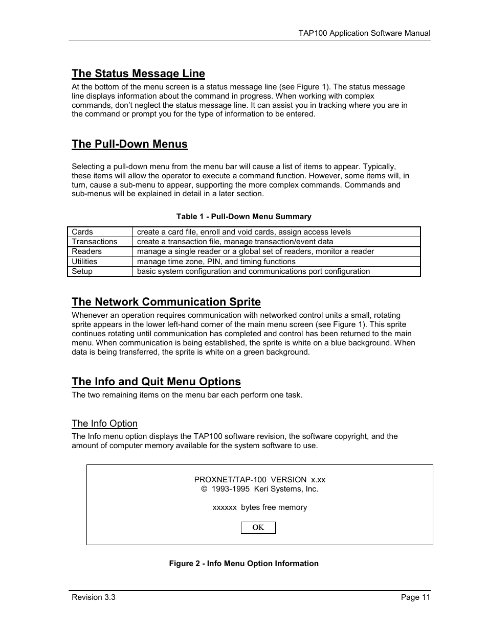 The status message line, The pull-down menus, The network communication sprite | The info and quit menu options, The info option, Figure 2 - info menu option information, Able 1 - pull-down menu summary | Keri Systems TAP100 User Manual | Page 11 / 84