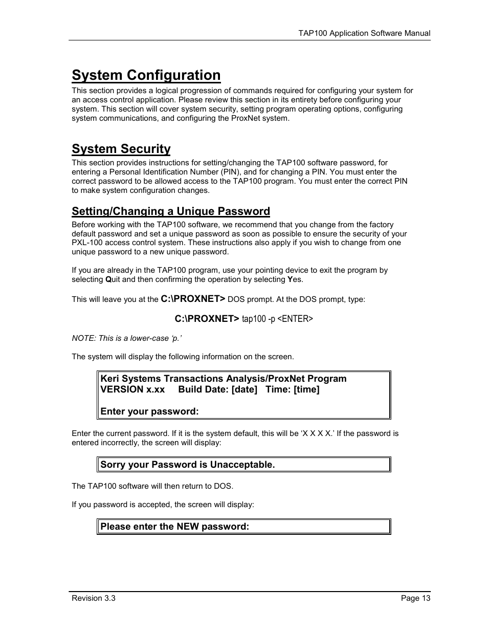 System configuration, System security, Setting/changing a unique password | Keri Systems TAP100 User Manual | Page 13 / 84