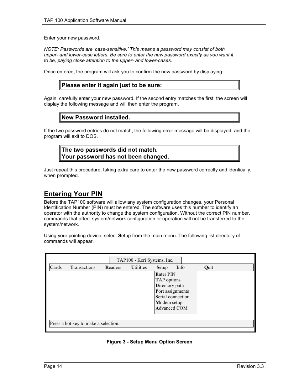 Entering your pin, Figure 3 - setup menu option screen | Keri Systems TAP100 User Manual | Page 14 / 84