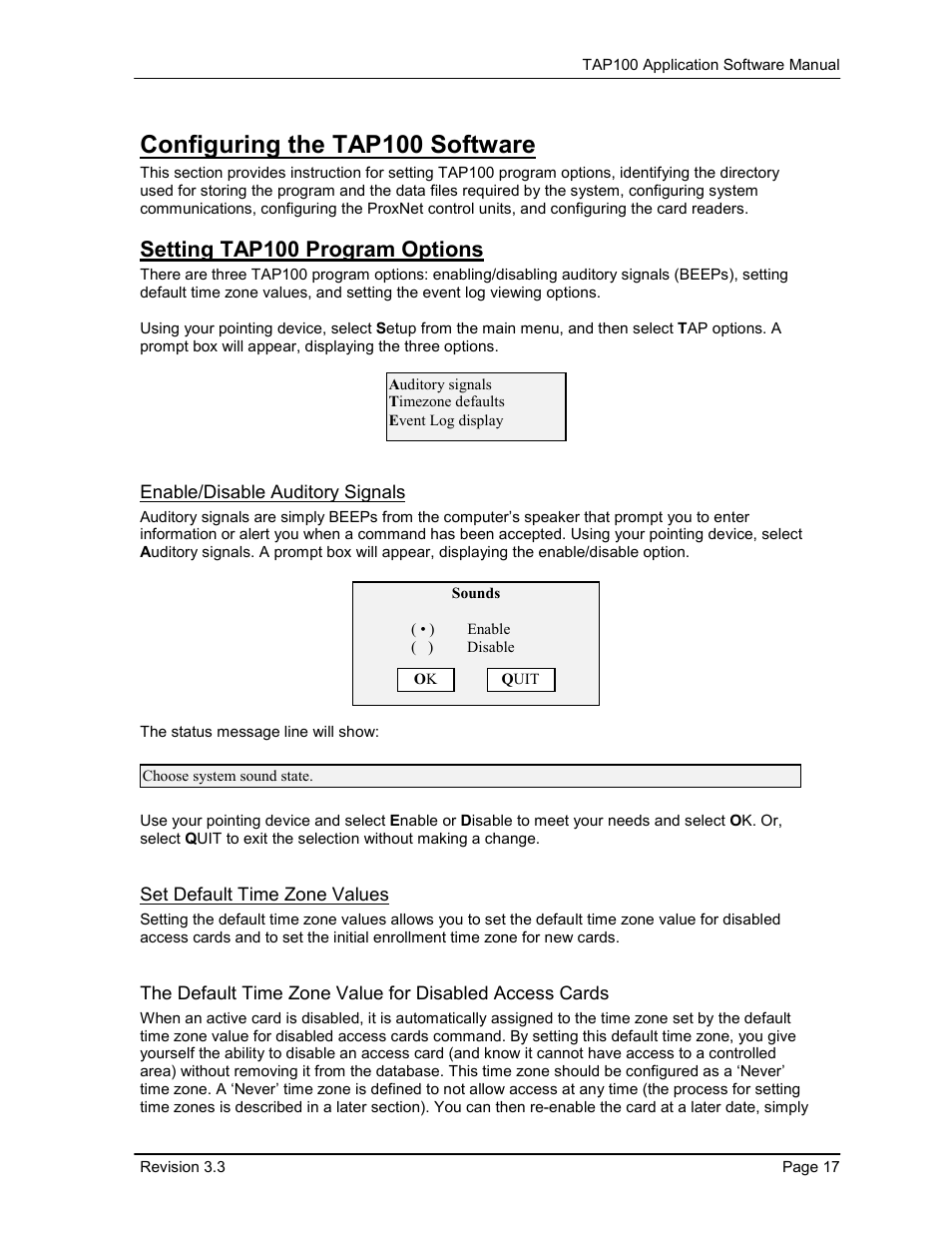 Configuring the tap100 software, Setting tap100 program options, Enable/disable auditory signals | Set default time zone values | Keri Systems TAP100 User Manual | Page 17 / 84