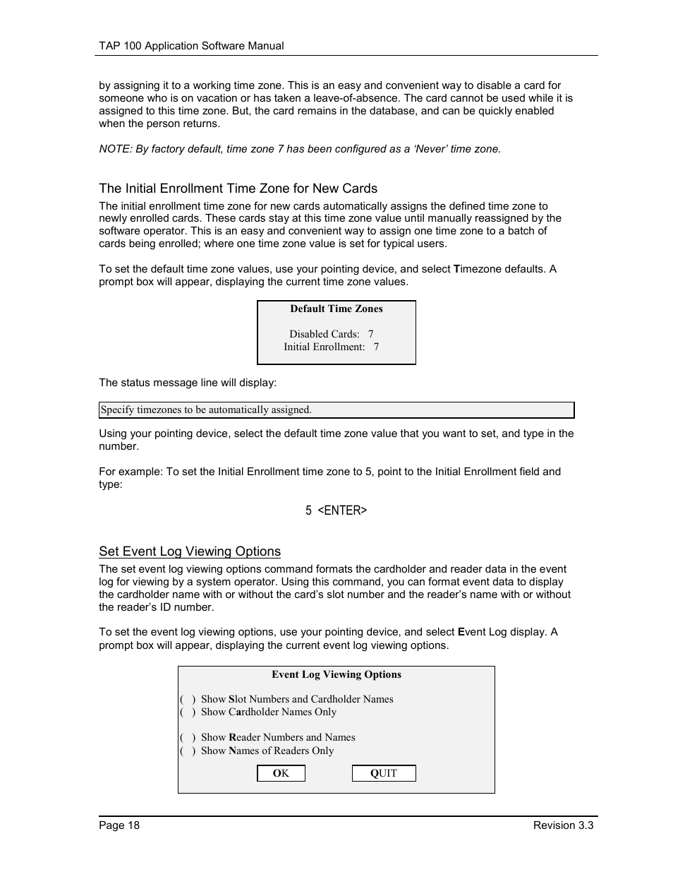 The initial enrollment time zone for new cards, Set event log viewing options | Keri Systems TAP100 User Manual | Page 18 / 84