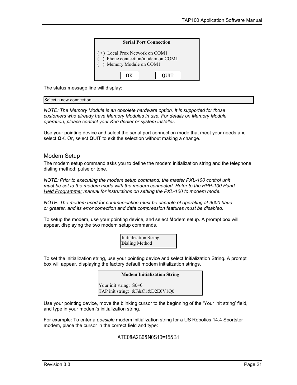 Modem setup, Ate0&a2b0&n0s10=15&b1 | Keri Systems TAP100 User Manual | Page 21 / 84