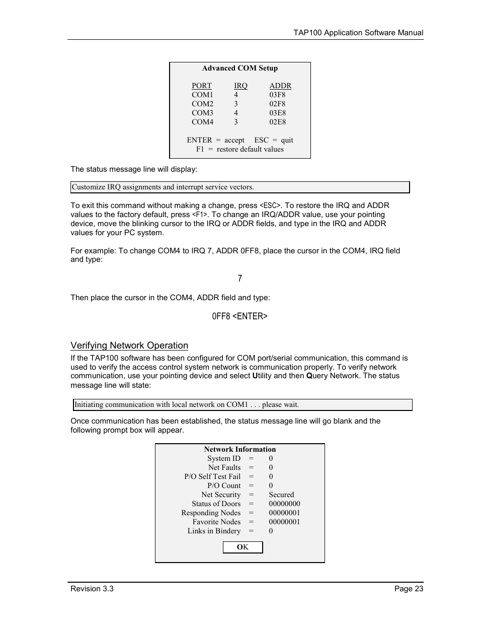 0ff8 <enter, Verifying network operation | Keri Systems TAP100 User Manual | Page 23 / 84