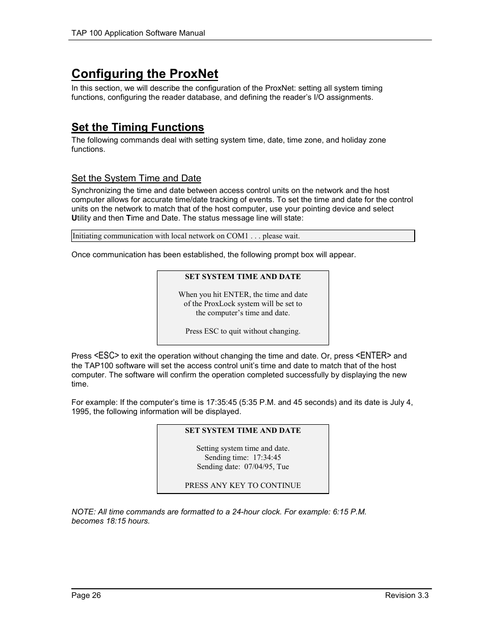 Configuring the proxnet, Set the timing functions, Set the system time and date | Keri Systems TAP100 User Manual | Page 26 / 84