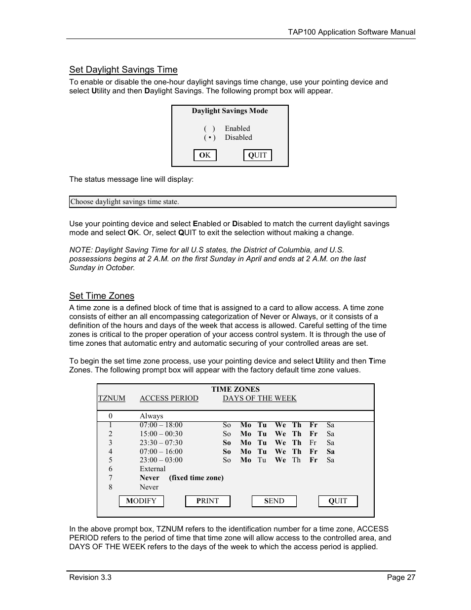 Set daylight savings time, Set time zones | Keri Systems TAP100 User Manual | Page 27 / 84