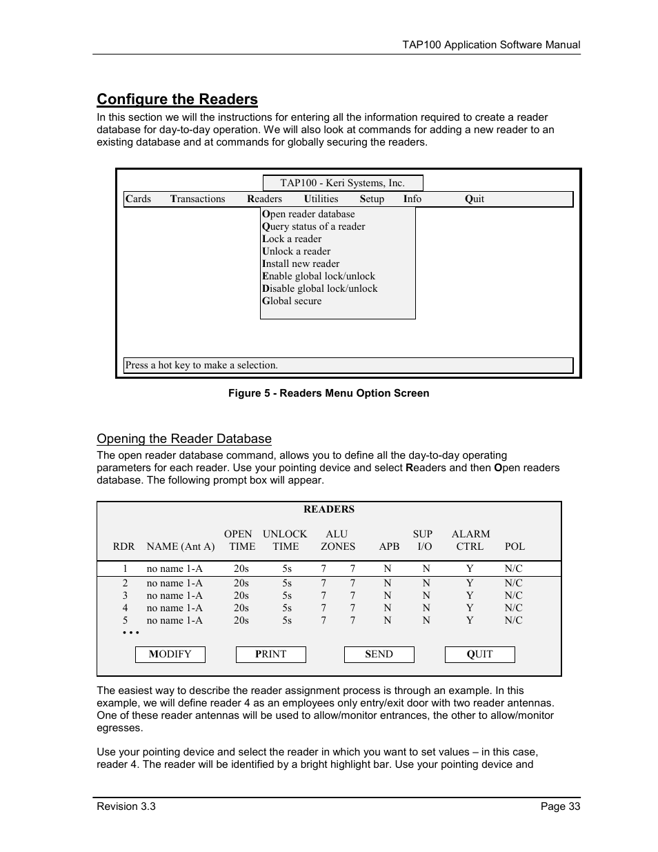 Configure the readers, Opening the reader database, Figure 5 - readers menu option screen | Keri Systems TAP100 User Manual | Page 33 / 84