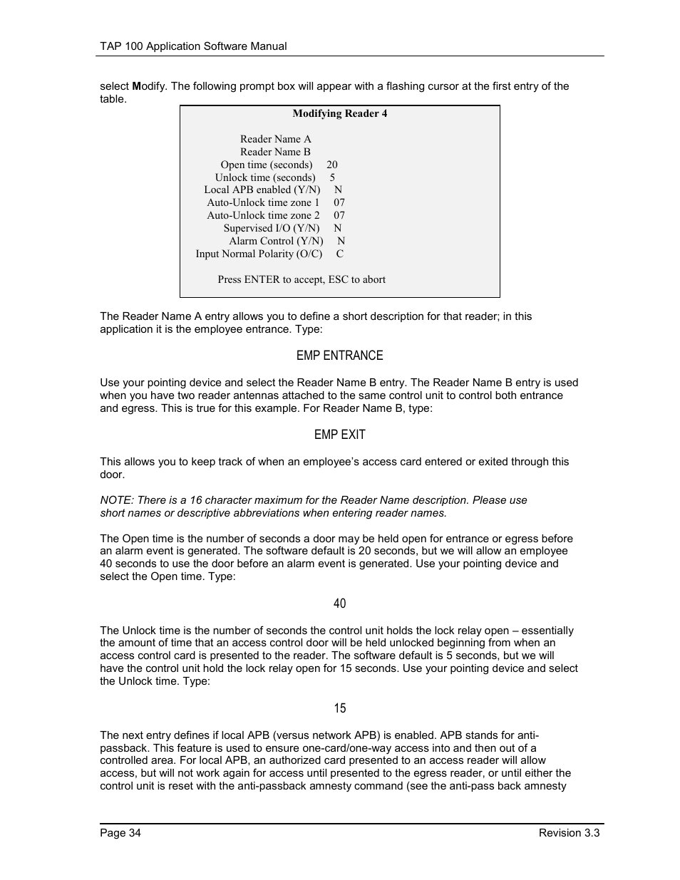 Emp entrance, Emp exit | Keri Systems TAP100 User Manual | Page 34 / 84