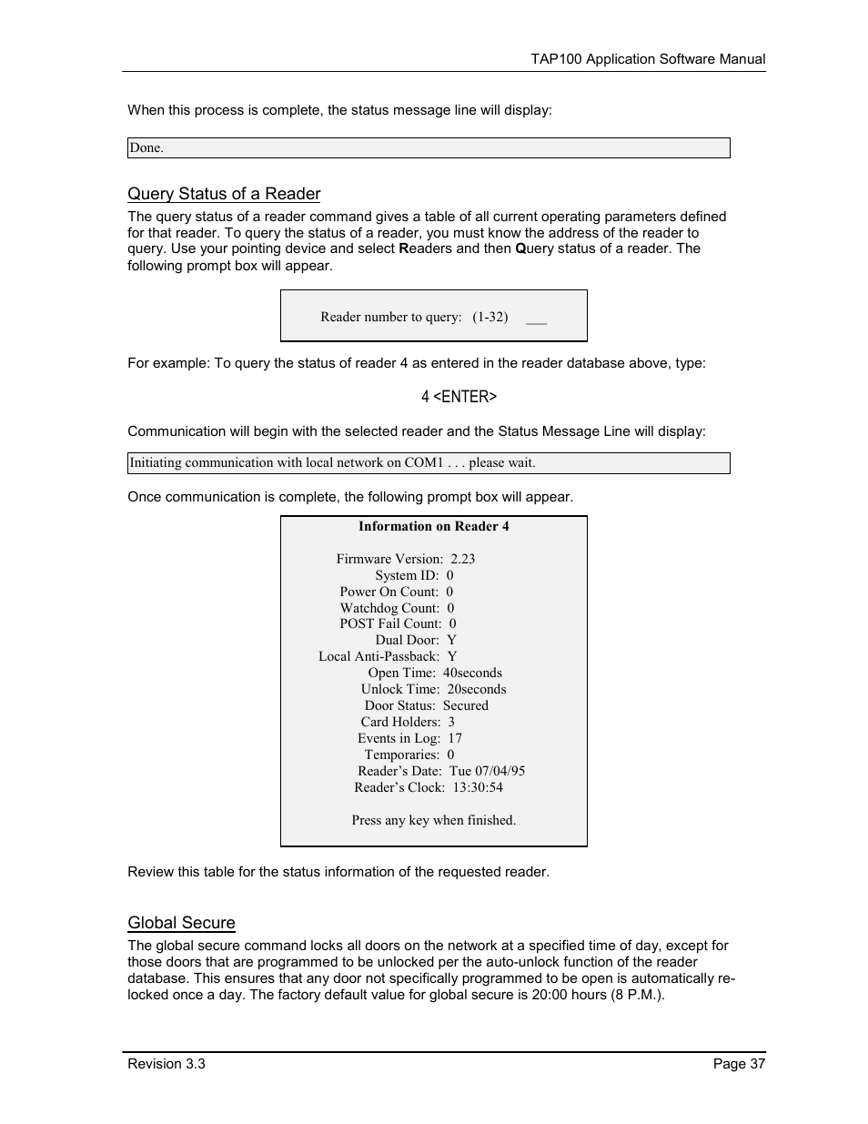 Query status of a reader, Global secure | Keri Systems TAP100 User Manual | Page 37 / 84