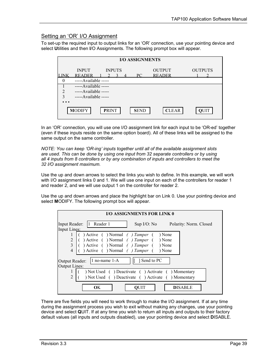 Setting an ‘or’ i/o assignment | Keri Systems TAP100 User Manual | Page 39 / 84